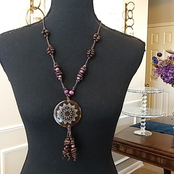 Coffee Bean Necklace With Floral Disk Pendant - Picture 8 of 17